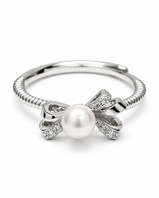 Ribboned Pearl Silver Ring