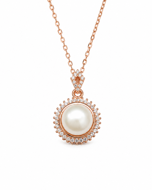 Halo Pearl Rose Gold Necklace