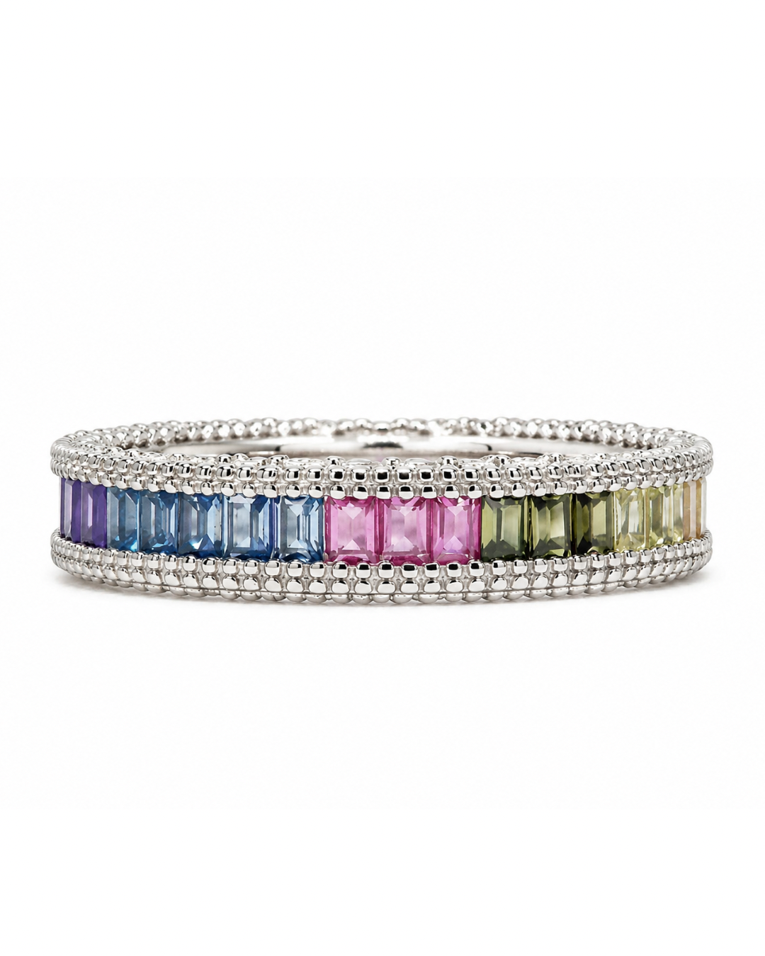 Rainbow Sapphire Emerald Silver Ring Band