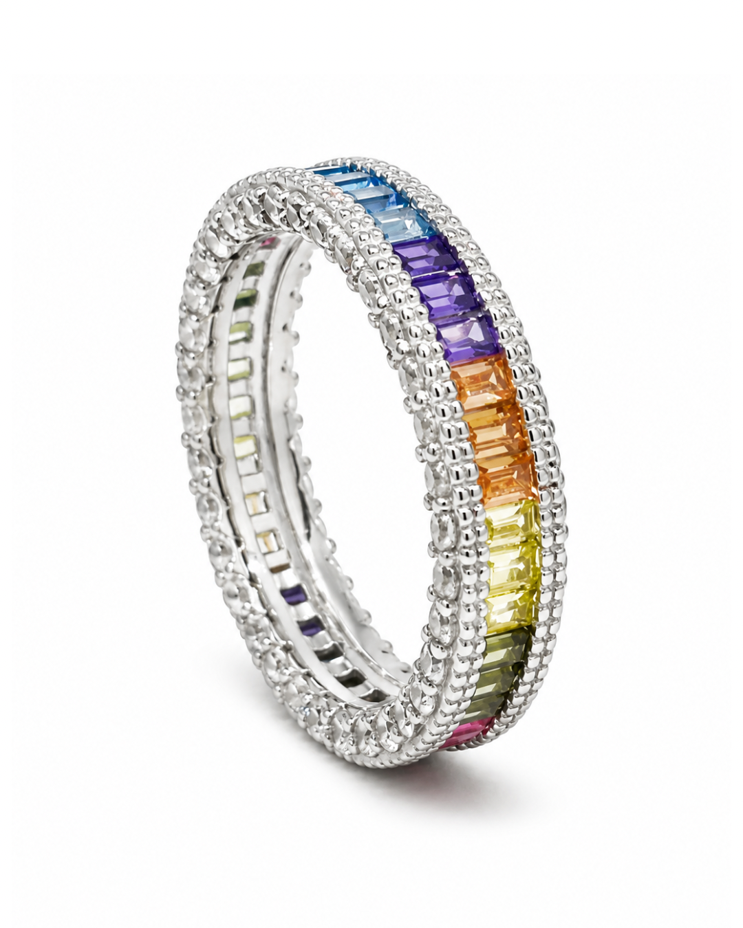 Rainbow Sapphire Emerald Silver Ring Band