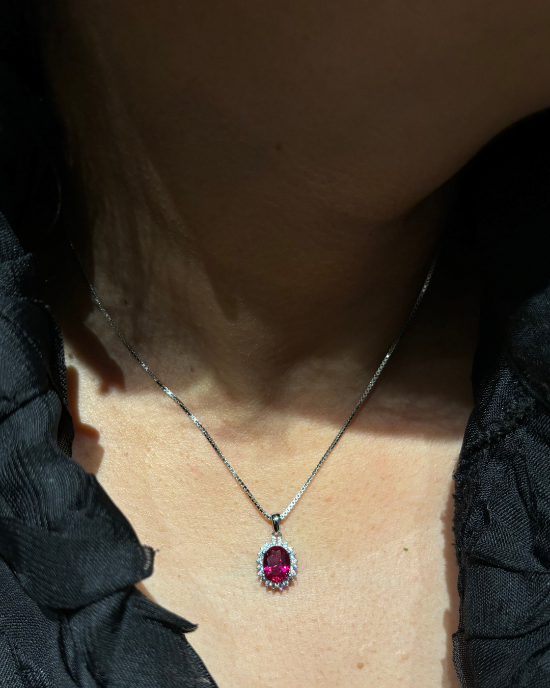Halo Ruby Silver Necklace