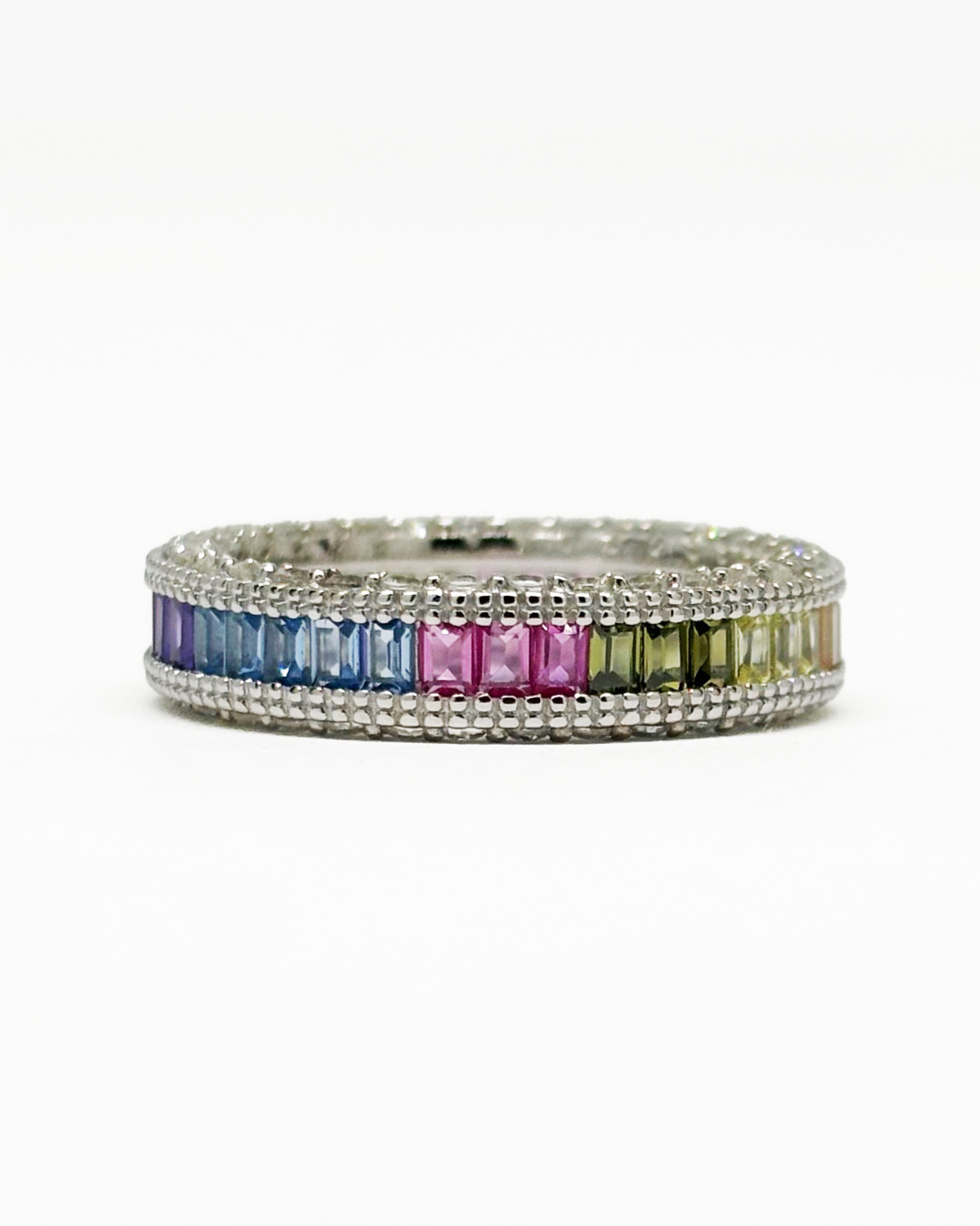 Rainbow Sapphire Emerald Silver Ring Band