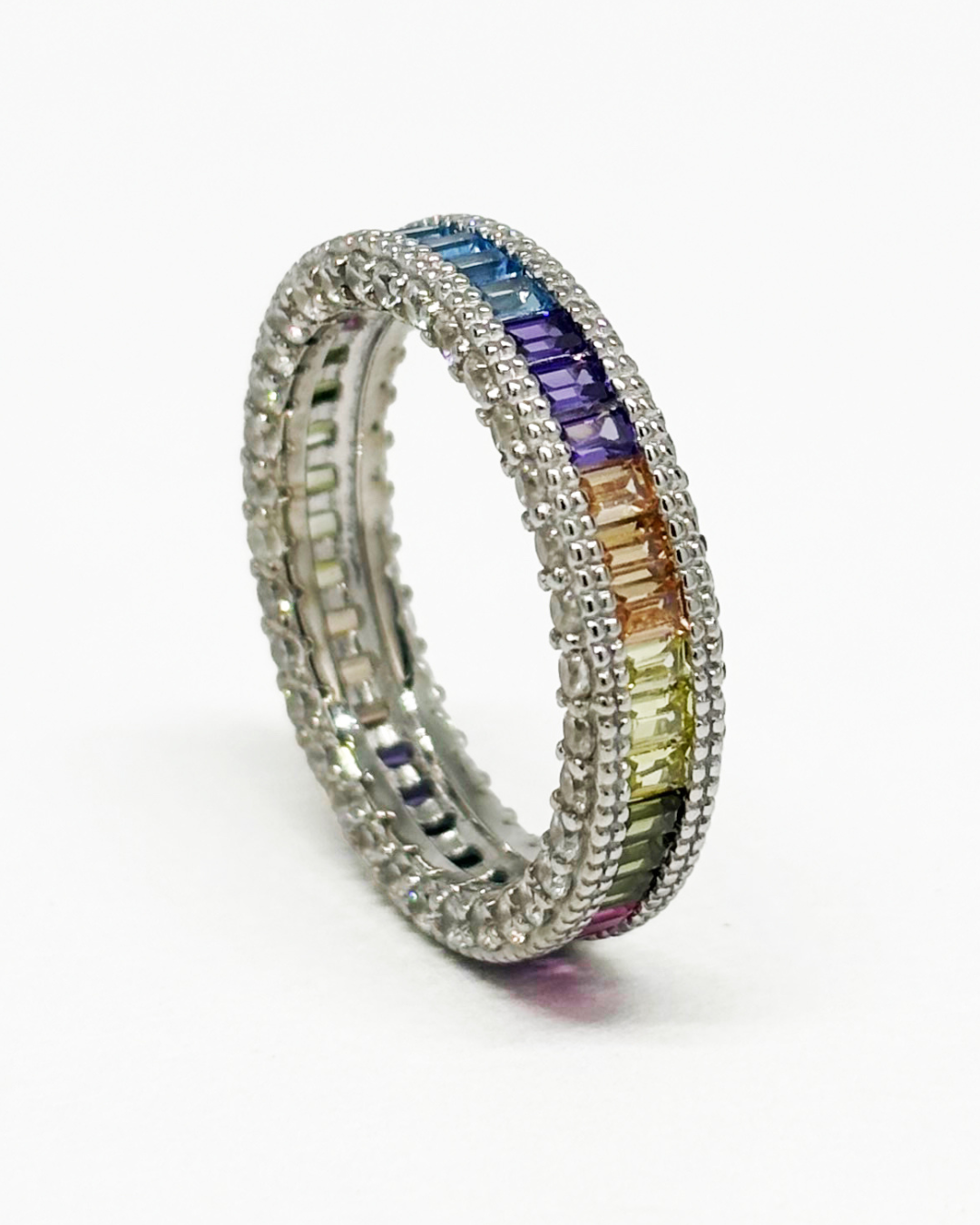 Rainbow Sapphire Emerald Silver Ring Band