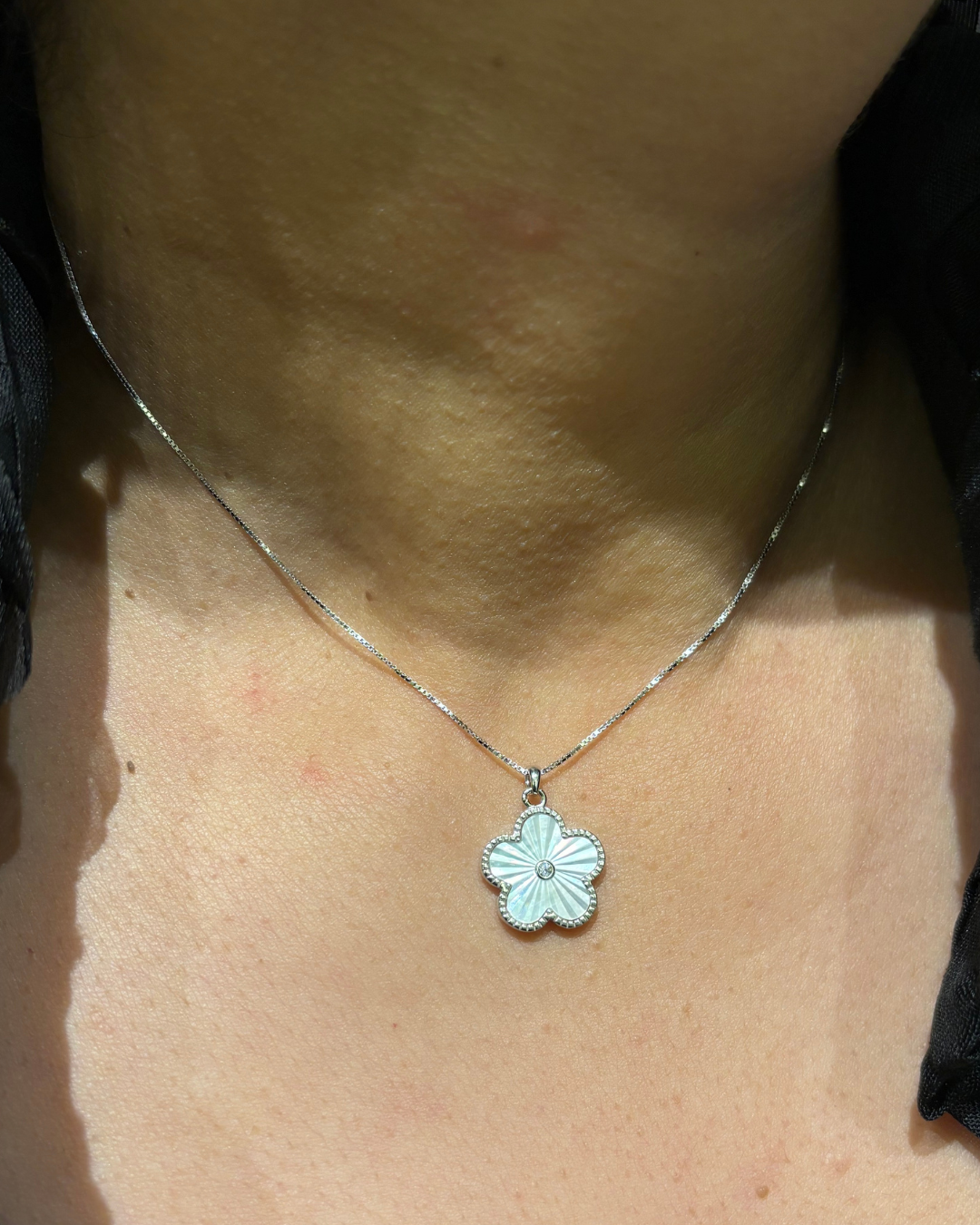 Pearl Flower Cut Silver Necklace