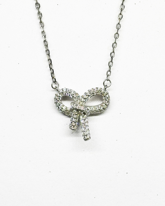Bow Rhinestone Silver Necklace